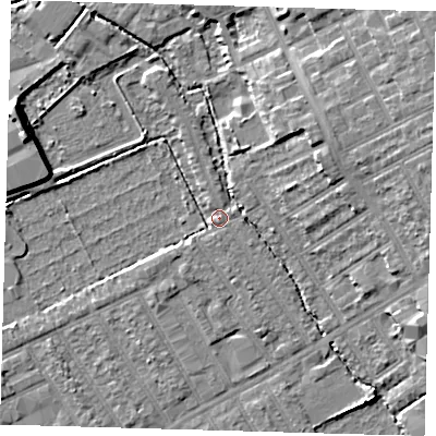 Shaded relief map of the ground around E178HG, computed from Environment Agency LiDAR. The ground here sits at about 6 m above sea level and falls 9 m across the surrounding 800 m. Surface water reaching this point runs off ground lying to the south-west, 2.6 m higher.