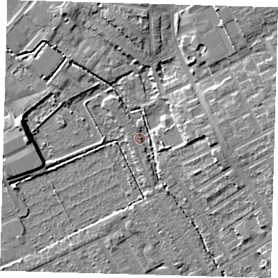 Shaded relief map of the ground around E178HH, computed from Environment Agency LiDAR. The ground here sits at about 7 m above sea level and falls 9 m across the surrounding 800 m. Surface water reaching this point runs off ground lying to the east, 8.0 m higher.