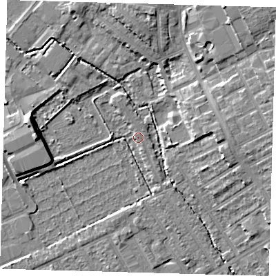 Shaded relief map of the ground around E178HJ, computed from Environment Agency LiDAR. The ground here sits at about 7 m above sea level and falls 9 m across the surrounding 800 m. Surface water reaching this point runs off ground lying to the north-east, 9.1 m higher.
