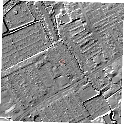 Shaded relief map of the ground around E178HL, computed from Environment Agency LiDAR. The ground here sits at about 6 m above sea level and falls 10 m across the surrounding 800 m. Surface water reaching this point runs off ground lying to the west-north-west, 1.1 m higher.