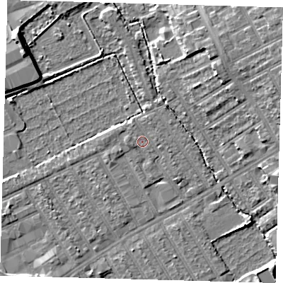 Shaded relief map of the ground around E178HN, computed from Environment Agency LiDAR. The ground here sits at about 7 m above sea level and falls 9 m across the surrounding 800 m. Surface water reaching this point runs off ground lying to the west, 1.1 m higher.