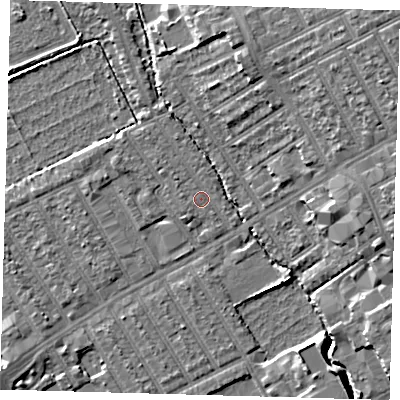 Shaded relief map of the ground around E178HP, computed from Environment Agency LiDAR. The ground here sits at about 6 m above sea level and falls 10 m across the surrounding 800 m. Surface water reaching this point runs off ground lying to the north-west, 1.1 m higher.