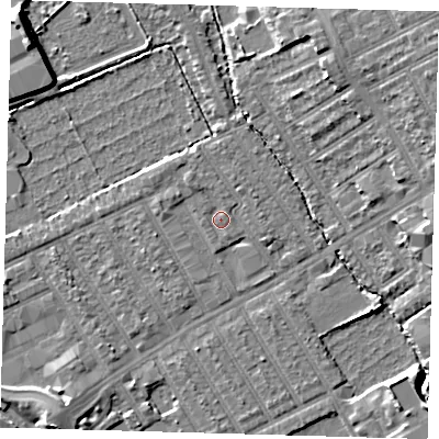 Shaded relief map of the ground around E178HQ, computed from Environment Agency LiDAR. The ground here sits at about 7 m above sea level and falls 9 m across the surrounding 800 m. Surface water reaching this point runs off ground lying to the north-west, 1.2 m higher.