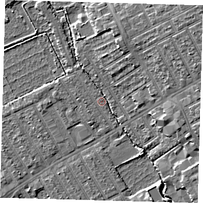 Shaded relief map of the ground around E178HR, computed from Environment Agency LiDAR. The ground here sits at about 6 m above sea level and falls 10 m across the surrounding 800 m. Surface water reaching this point runs off ground lying to the north-north-west, 2.7 m higher.