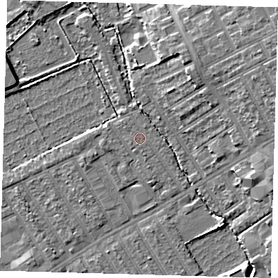 Shaded relief map of the ground around E178HS, computed from Environment Agency LiDAR. The ground here sits at about 6 m above sea level and falls 10 m across the surrounding 800 m. Surface water reaching this point runs off ground lying to the north-west, 0.8 m higher.