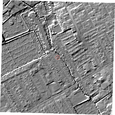 Shaded relief map of the ground around E178HT, computed from Environment Agency LiDAR. The ground here sits at about 6 m above sea level and falls 10 m across the surrounding 800 m. Surface water reaching this point runs off ground lying to the east-north-east, 2.7 m higher.