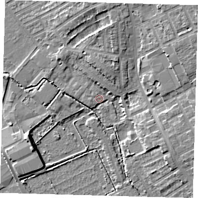 Shaded relief map of the ground around E178RS, computed from Environment Agency LiDAR. The ground here sits at about 7 m above sea level and falls 10 m across the surrounding 800 m. Surface water reaching this point runs off ground lying to the north, 3.2 m higher.