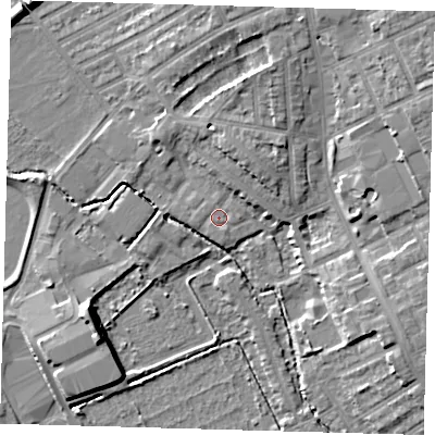 Shaded relief map of the ground around E178RU, computed from Environment Agency LiDAR. The ground here sits at about 7 m above sea level and falls 9 m across the surrounding 800 m. Surface water reaching this point runs off ground lying to the north-north-east, 2.1 m higher.