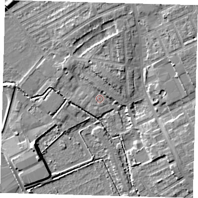 Shaded relief map of the ground around E178RX, computed from Environment Agency LiDAR. The ground here sits at about 7 m above sea level and falls 10 m across the surrounding 800 m. Surface water reaching this point runs off ground lying to the north, 2.1 m higher.