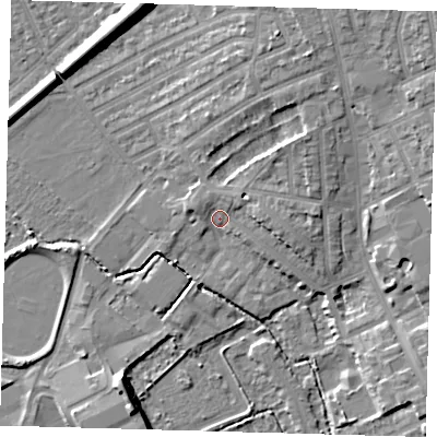 Shaded relief map of the ground around E178SA, computed from Environment Agency LiDAR. The ground here sits at about 8 m above sea level and falls 9 m across the surrounding 800 m. Surface water reaching this point runs off ground lying to the east, 4.4 m higher.