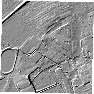 Shaded relief map of the ground around E178SB, computed from Environment Agency LiDAR. The ground here sits at about 7 m above sea level and falls 9 m across the surrounding 800 m. Surface water reaching this point runs off ground lying to the east, 4.7 m higher.