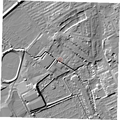 Shaded relief map of the ground around E178SE, computed from Environment Agency LiDAR. The ground here sits at about 7 m above sea level and falls 9 m across the surrounding 800 m. Surface water reaching this point runs off ground lying to the north-east, 2.3 m higher.