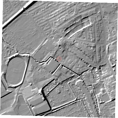Shaded relief map of the ground around E178SF, computed from Environment Agency LiDAR. The ground here sits at about 7 m above sea level and falls 9 m across the surrounding 800 m. Surface water reaching this point runs off ground lying to the east-north-east, 6.5 m higher.