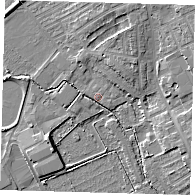 Shaded relief map of the ground around E178SL, computed from Environment Agency LiDAR. The ground here sits at about 8 m above sea level and falls 9 m across the surrounding 800 m. Surface water reaching this point runs off ground lying to the north-north-east, 4.4 m higher.