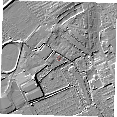 Shaded relief map of the ground around E178SN, computed from Environment Agency LiDAR. The ground here sits at about 8 m above sea level and falls 9 m across the surrounding 800 m. Surface water reaching this point runs off ground lying to the west-north-west, 1.2 m higher.