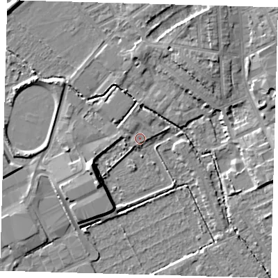 Shaded relief map of the ground around E178SW, computed from Environment Agency LiDAR. The ground here sits at about 7 m above sea level and falls 8 m across the surrounding 800 m. Surface water reaching this point runs off ground lying to the south-west, 7.9 m higher.