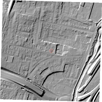 Shaded relief map of the ground around E181DW, computed from Environment Agency LiDAR. The ground here sits at about 16 m above sea level and falls 20 m across the surrounding 800 m. Surface water reaching this point runs off ground lying to the west, 2.5 m higher.
