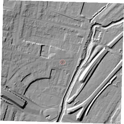 Shaded relief map of the ground around E181ER, computed from Environment Agency LiDAR. The ground here sits at about 13 m above sea level and falls 16 m across the surrounding 800 m. Surface water reaching this point runs off ground lying to the west-south-west, 12.7 m higher.