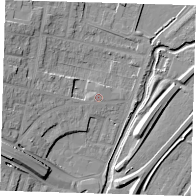 Shaded relief map of the ground around E181ET, computed from Environment Agency LiDAR. The ground here sits at about 14 m above sea level and falls 16 m across the surrounding 800 m. Surface water reaching this point runs off ground lying to the west-south-west, 11.9 m higher.