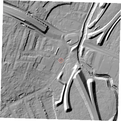 Shaded relief map of the ground around E181FA, computed from Environment Agency LiDAR. The ground here sits at about 11 m above sea level and falls 18 m across the surrounding 800 m. Surface water reaching this point runs off ground lying to the south-east, 13.0 m higher.