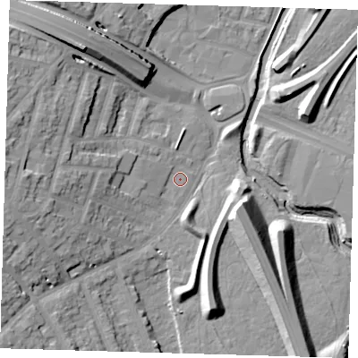 Shaded relief map of the ground around E181FF, computed from Environment Agency LiDAR. The ground here sits at about 11 m above sea level and falls 17 m across the surrounding 800 m. Surface water reaching this point runs off ground lying to the south-west, 14.0 m higher.