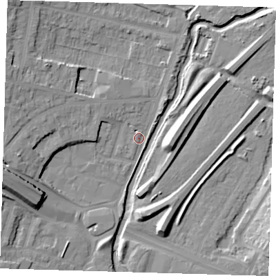 Shaded relief map of the ground around E181HA, computed from Environment Agency LiDAR. The ground here sits at about 12 m above sea level and falls 16 m across the surrounding 800 m. Surface water reaching this point runs off ground lying to the west-south-west, 14.0 m higher.