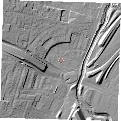 Shaded relief map of the ground around E181HB, computed from Environment Agency LiDAR. The ground here sits at about 12 m above sea level and falls 19 m across the surrounding 800 m. Surface water reaching this point runs off ground lying to the west-south-west, 0.9 m higher.