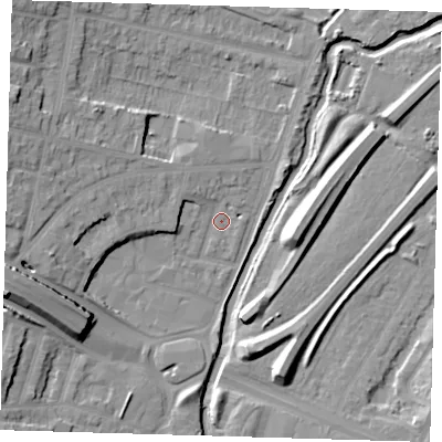 Shaded relief map of the ground around E181HU, computed from Environment Agency LiDAR. The ground here sits at about 11 m above sea level and falls 16 m across the surrounding 800 m. Surface water reaching this point runs off ground lying to the west-north-west, 2.9 m higher.