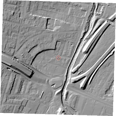 Shaded relief map of the ground around E181HY, computed from Environment Agency LiDAR. The ground here sits at about 12 m above sea level and falls 16 m across the surrounding 800 m. Surface water reaching this point runs off ground lying to the west, 14.4 m higher.