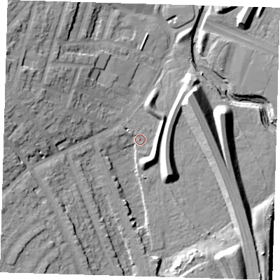 Shaded relief map of the ground around E181NJ, computed from Environment Agency LiDAR. The ground here sits at about 12 m above sea level and falls 17 m across the surrounding 800 m. Surface water reaching this point runs off ground lying to the west-south-west, 6.2 m higher.