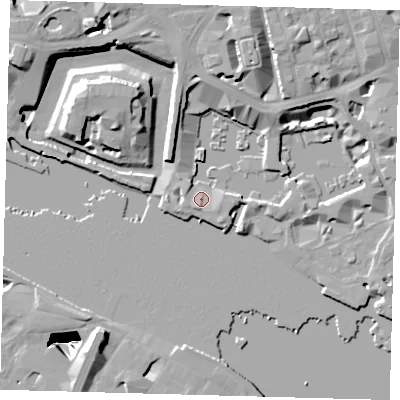 Shaded relief map of the ground around E19LD, computed from Environment Agency LiDAR. The ground here sits at about 5 m above sea level and falls 35 m across the surrounding 800 m. Surface water reaching this point runs off ground lying to the north-north-east, 12.5 m higher.
