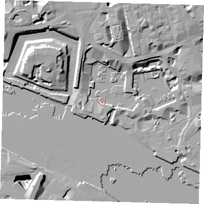 Shaded relief map of the ground around E1W1AA, computed from Environment Agency LiDAR. The ground here sits at about 4 m above sea level and falls 35 m across the surrounding 800 m. Surface water reaching this point runs off ground lying to the north-north-east, 12.5 m higher.