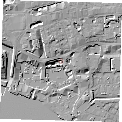 Shaded relief map of the ground around E1W1AF, computed from Environment Agency LiDAR. The ground here sits at about 4 m above sea level and falls 14 m across the surrounding 800 m. Surface water reaching this point runs off ground lying to the west, 8.3 m higher.