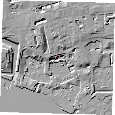 Shaded relief map of the ground around E1W1AG, computed from Environment Agency LiDAR. The ground here sits at about 4 m above sea level and falls 14 m across the surrounding 800 m. Surface water reaching this point runs off ground lying to the north-north-west, 8.3 m higher.