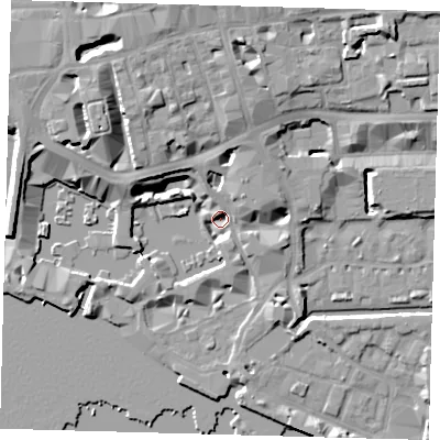 Shaded relief map of the ground around E1W1AS, computed from Environment Agency LiDAR. The ground here sits at about 3 m above sea level and falls 14 m across the surrounding 800 m. Surface water reaching this point runs off ground lying to the north-north-west, 8.6 m higher.