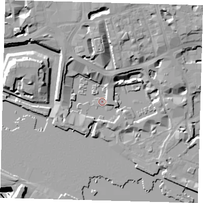 Shaded relief map of the ground around E1W1AT, computed from Environment Agency LiDAR. The ground here sits at about 4 m above sea level and falls 35 m across the surrounding 800 m. Surface water reaching this point runs off ground lying to the north, 12.5 m higher.