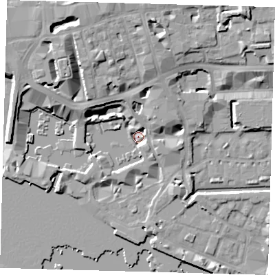 Shaded relief map of the ground around E1W1AU, computed from Environment Agency LiDAR. The ground here sits at about 2 m above sea level and falls 14 m across the surrounding 800 m. Surface water reaching this point runs off ground lying to the north-north-west, 5.8 m higher.