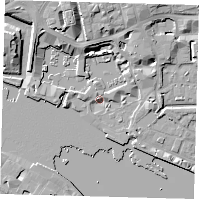 Shaded relief map of the ground around E1W1BD, computed from Environment Agency LiDAR. The ground here sits at about 6 m above sea level and falls 13 m across the surrounding 800 m. Surface water reaching this point runs off ground lying to the west, 3.5 m higher.
