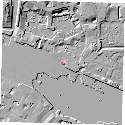Shaded relief map of the ground around E1W1BE, computed from Environment Agency LiDAR. The ground here sits at about 4 m above sea level and falls 11 m across the surrounding 800 m. Surface water reaching this point runs off ground lying to the north-north-east, 7.0 m higher.