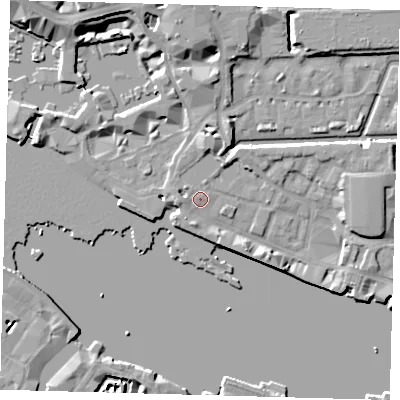 Shaded relief map of the ground around E1W1BH, computed from Environment Agency LiDAR. The ground here sits at about 5 m above sea level and falls 11 m across the surrounding 800 m. Surface water reaching this point runs off ground lying to the north, 0.6 m higher.