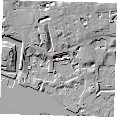 Shaded relief map of the ground around E1W1BS, computed from Environment Agency LiDAR. The ground here sits at about 4 m above sea level and falls 13 m across the surrounding 800 m. Surface water reaching this point runs off ground lying to the west-south-west, 3.8 m higher.