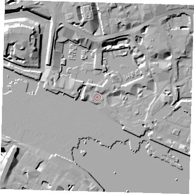 Shaded relief map of the ground around E1W1JP, computed from Environment Agency LiDAR. The ground here sits at about 4 m above sea level and falls 35 m across the surrounding 800 m. Surface water reaching this point runs off ground lying to the east-north-east, 2.4 m higher.