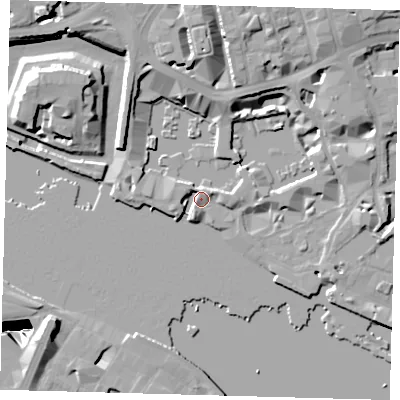 Shaded relief map of the ground around E1W1LA, computed from Environment Agency LiDAR. The ground here sits at about 5 m above sea level and falls 35 m across the surrounding 800 m. Surface water reaching this point runs off ground lying to the north-north-east, 8.3 m higher.