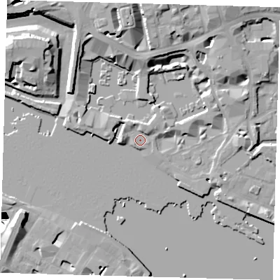 Shaded relief map of the ground around E1W1LB, computed from Environment Agency LiDAR. The ground here sits at about 4 m above sea level and falls 35 m across the surrounding 800 m. Surface water reaching this point runs off ground lying to the east-north-east, 2.4 m higher.