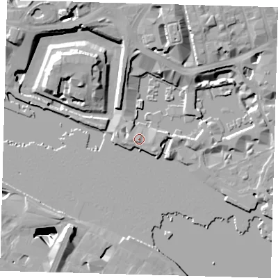 Shaded relief map of the ground around E1W1LE, computed from Environment Agency LiDAR. The ground here sits at about 6 m above sea level and falls 35 m across the surrounding 800 m. Surface water reaching this point runs off ground lying to the north-north-east, 12.5 m higher.