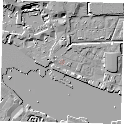 Shaded relief map of the ground around E1W1LH, computed from Environment Agency LiDAR. The ground here sits at about 5 m above sea level and falls 11 m across the surrounding 800 m. Surface water reaching this point runs off ground lying to the north-west, 0.6 m higher.