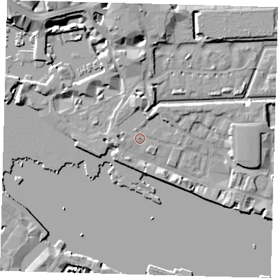 Shaded relief map of the ground around E1W1LN, computed from Environment Agency LiDAR. The ground here sits at about 5 m above sea level and falls 10 m across the surrounding 800 m. Surface water reaching this point runs off ground lying to the south-south-east, 2.4 m higher.