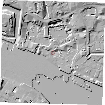 Shaded relief map of the ground around E1W1LP, computed from Environment Agency LiDAR. The ground here sits at about 4 m above sea level and falls 13 m across the surrounding 800 m. Surface water reaching this point runs off ground lying to the north-east, 3.5 m higher.