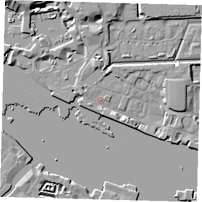 Shaded relief map of the ground around E1W1LS, computed from Environment Agency LiDAR. The ground here sits at about 5 m above sea level and falls 10 m across the surrounding 800 m. Surface water reaching this point runs off ground lying to the south-south-east, 2.4 m higher.