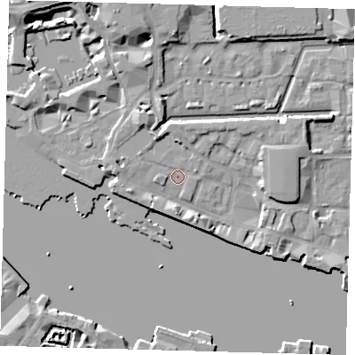 Shaded relief map of the ground around E1W1LW, computed from Environment Agency LiDAR. The ground here sits at about 4 m above sea level and falls 10 m across the surrounding 800 m. Surface water reaching this point runs off ground lying to the south-west, 2.4 m higher.